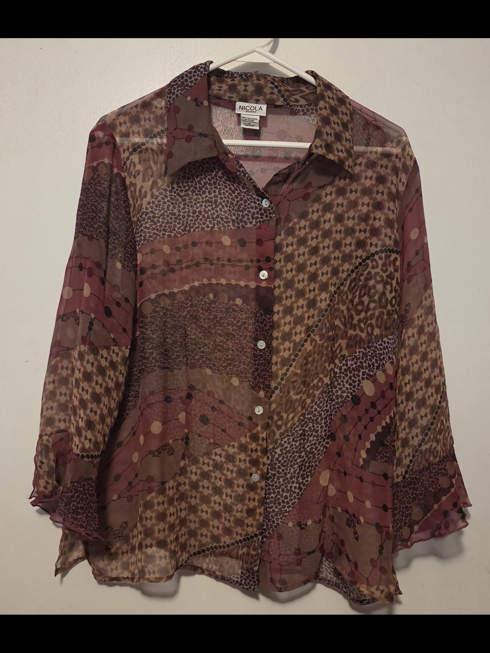 NICOLA Sheer Multi-Pattern Button-Down Blouse in Brown & Mauve